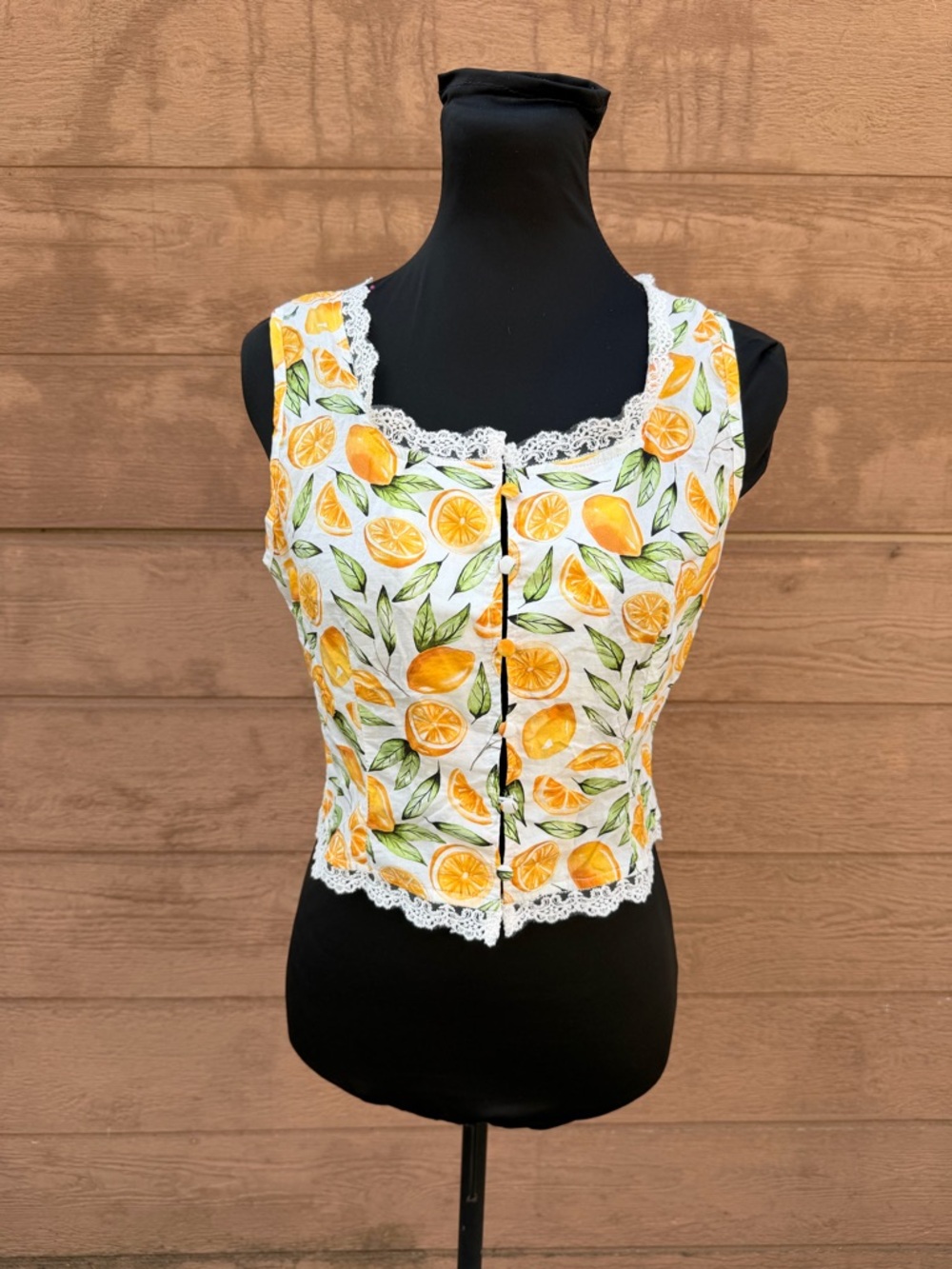 100% cotton button down citrus print top